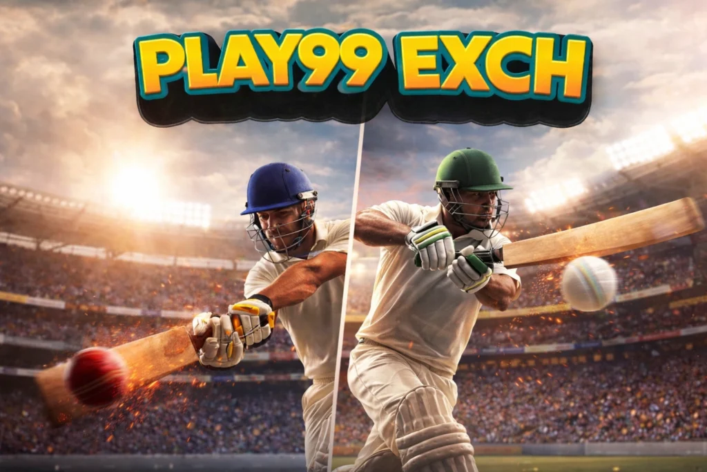 “Professional batsman executing power hitting with PLAY99 EXCH logo”