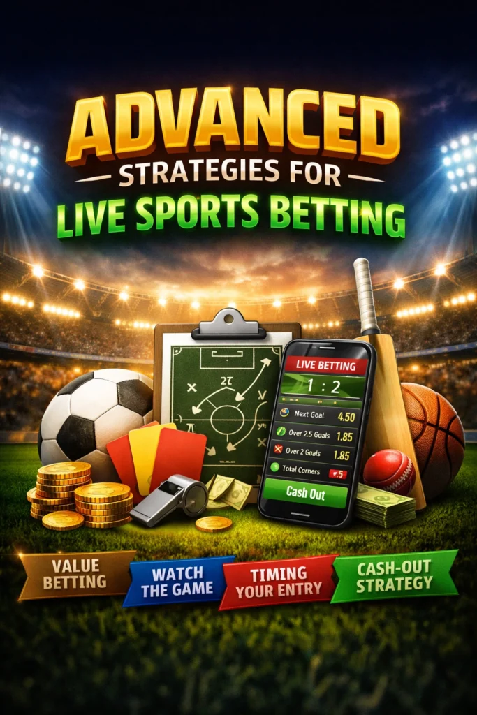 Advanced Strategies for Live Sports Betting banner with stadium background, smartphone showing live odds, football tactics board, referee cards, and betting cash-out feature
