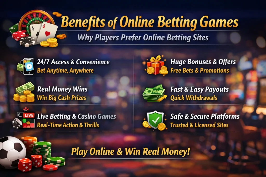 Benefits of online betting games banner showing sports betting, casino games, live betting, bonuses, fast payouts and secure betting sites