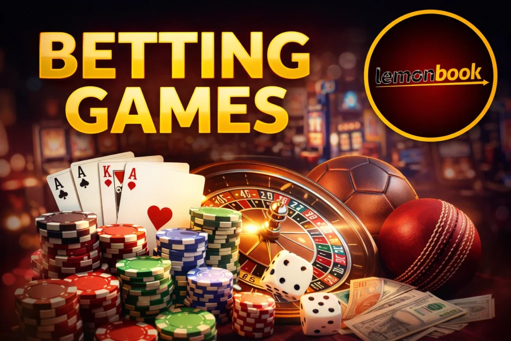 Betting games promotional banner with Lemonbook logo showing roulette wheel, poker cards, chips and sports balls