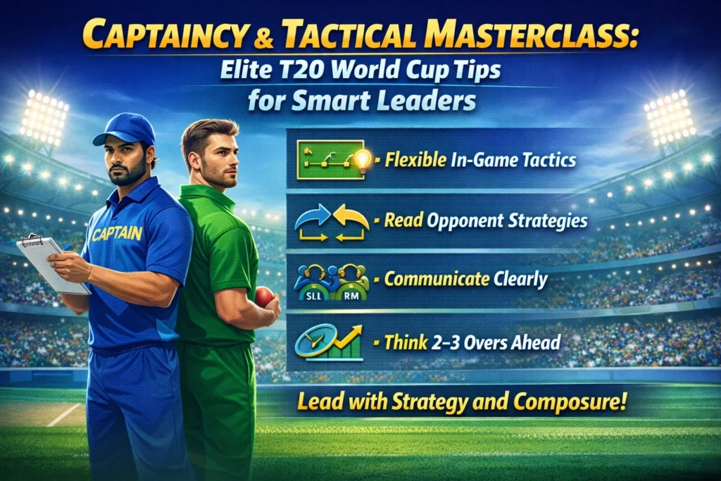 Captain giving tactical instructions during T20 match representing captaincy and tactical masterclass in T20 World Cup