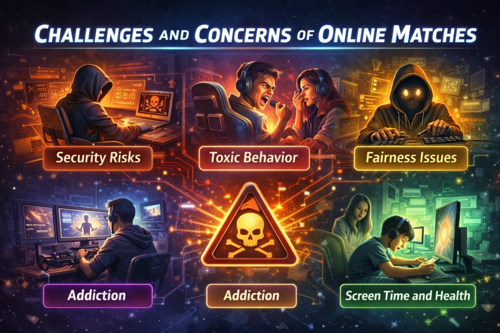 Challenges and concerns of online matches infographic showing security risks, toxic behavior, fairness issues and screen time effects
