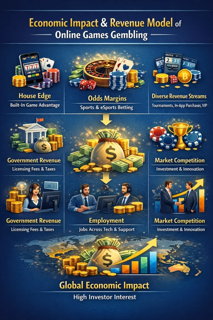 Economic Impact and Revenue Model of Online Games Gembling infographic showing house edge, odds margins, government revenue, employment growth, market competition, and global economic impact chart.