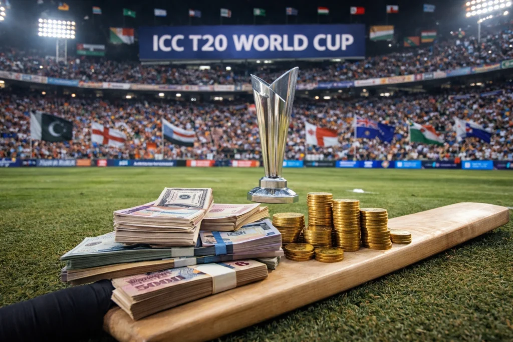 T20 World Cup Live global economic impact with packed stadium, international crowd, and commercial branding