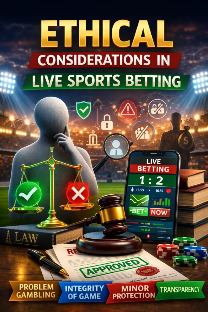 Ethical Considerations in Live Sports Betting banner with scales of justice, gavel, licensed betting app, integrity icons, minor protection symbol, and problem gambling awareness elements