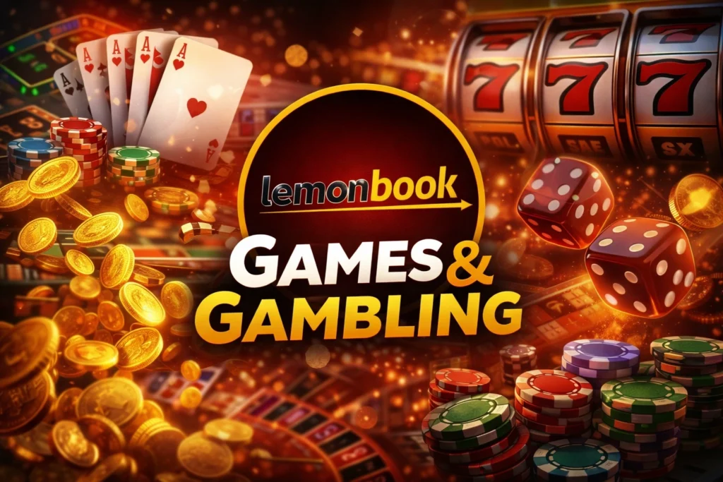 Games and Gambling concept banner with Lemonbook logo representing online casino and betting entertainment