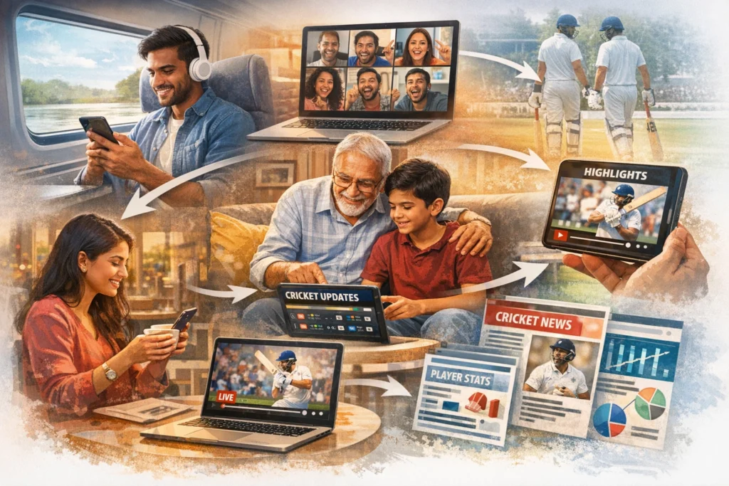 Cricket fans using mobile and laptop to follow live cricket updates and highlights online