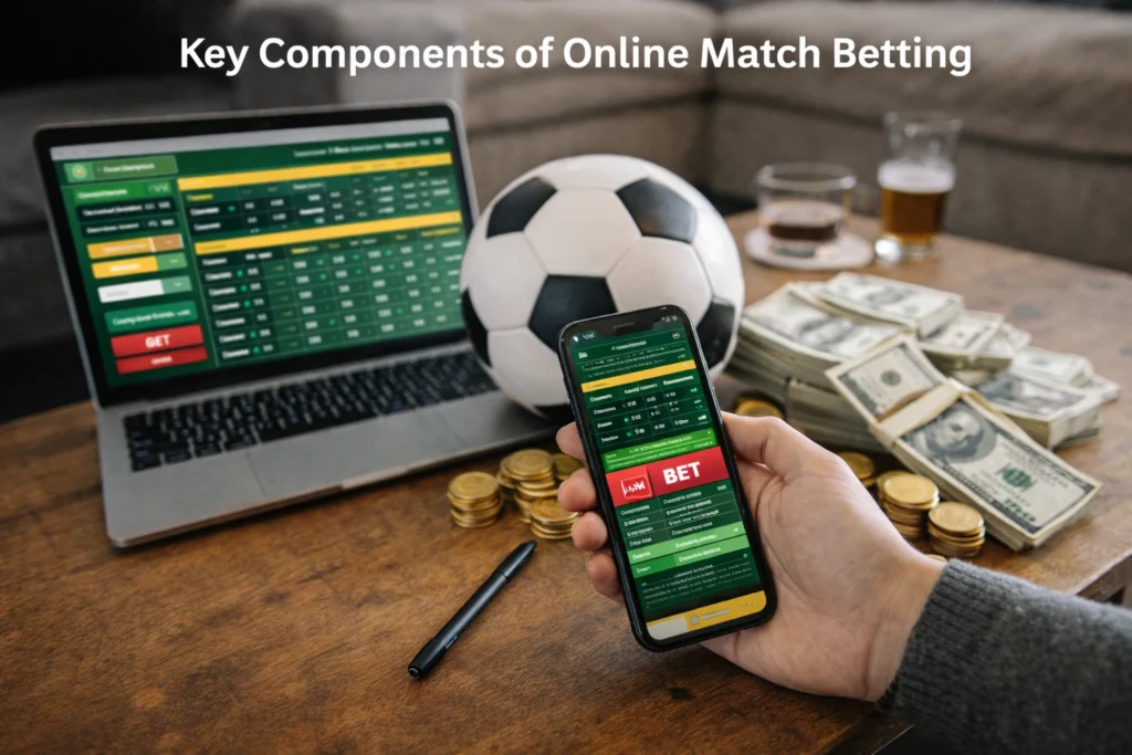 Key components of online match betting infographic showing betting platforms, sporting events, betting markets and odds