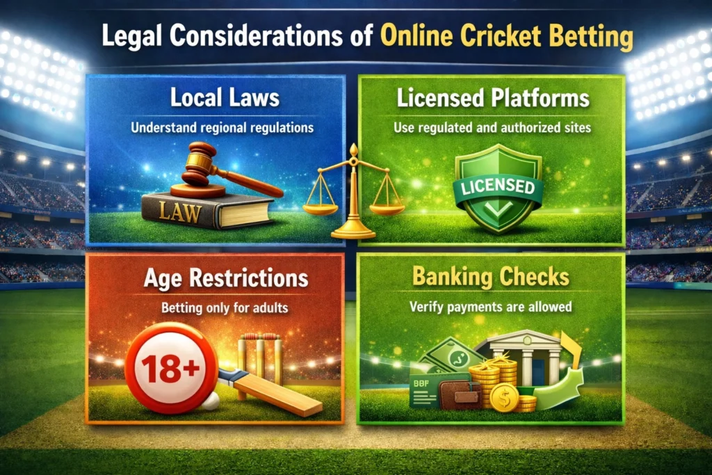 Legal considerations of online cricket betting infographic showing local laws, licensed platforms, age restrictions and secure banking checks