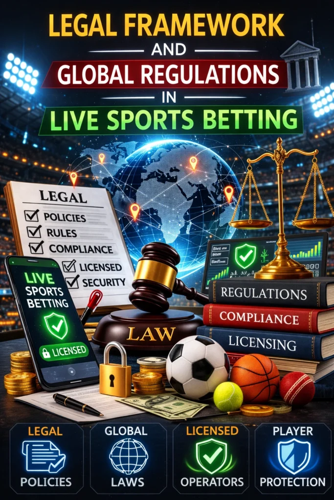 Legal Framework and Global Regulations in Live Sports Betting banner with gavel, scales of justice, world map, licensed betting app, compliance documents, and sports equipment