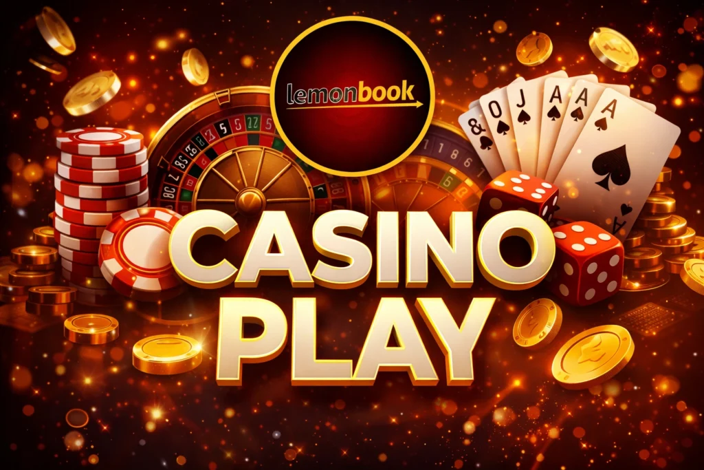 Lemonbook Casino Play banner with roulette wheel, poker chips, dice and playing cards