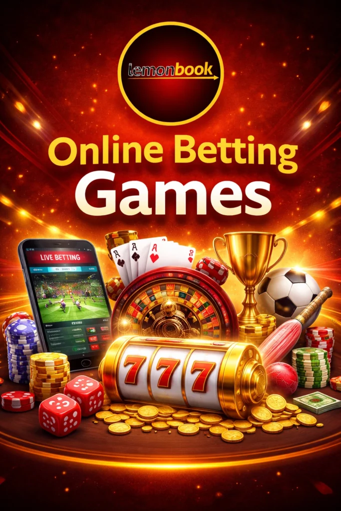Online betting games banner with sports betting app, casino chips, roulette wheel, slot machine and Lemonbook logo