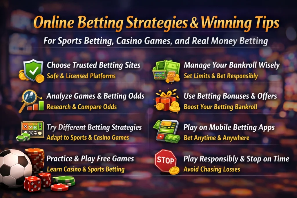 Online betting strategies and winning tips banner showing sports betting, casino games, bankroll management, betting bonuses and safe betting sites