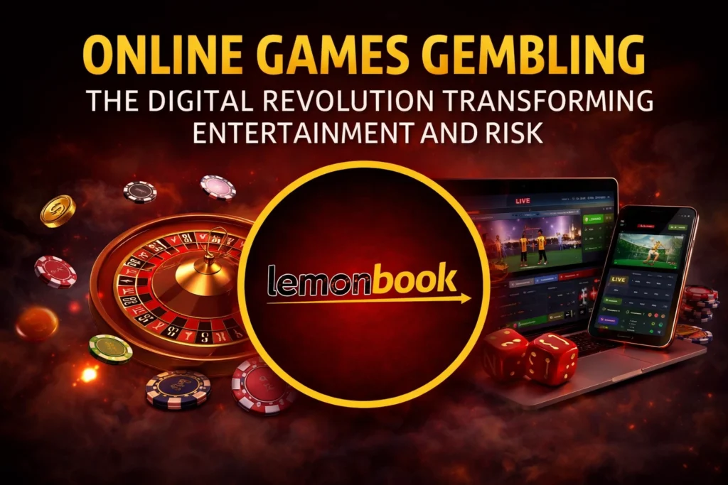 Online Games Gembling promotional banner featuring Lemonbook logo, roulette wheel, casino chips, live betting dashboard on laptop and mobile screen.