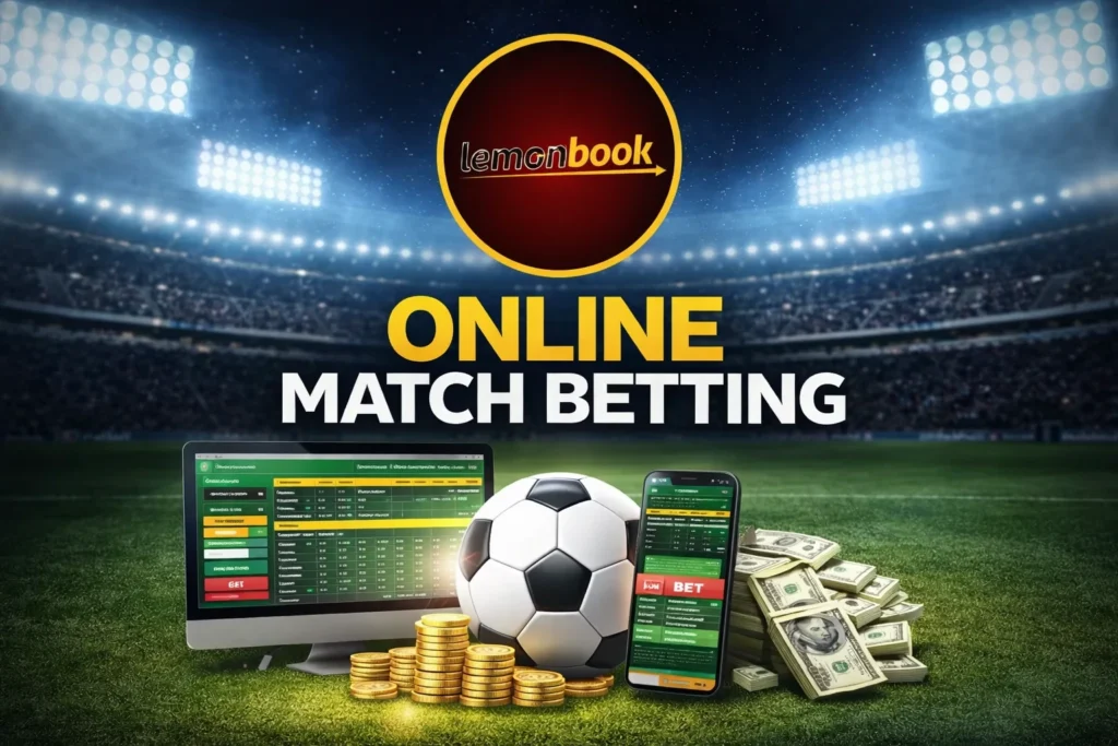 Online match betting promotional banner with LemonBook logo, football stadium background, betting app interface and sports wagering concept