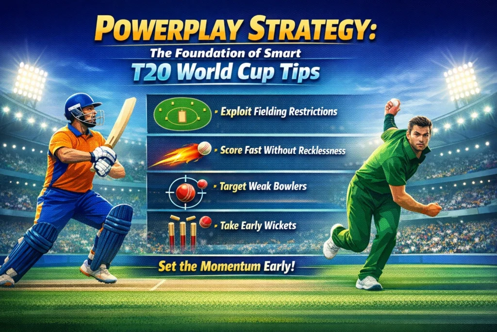 Powerplay Strategy in T20 World Cup showing aggressive batting and attacking field setup during first six overs