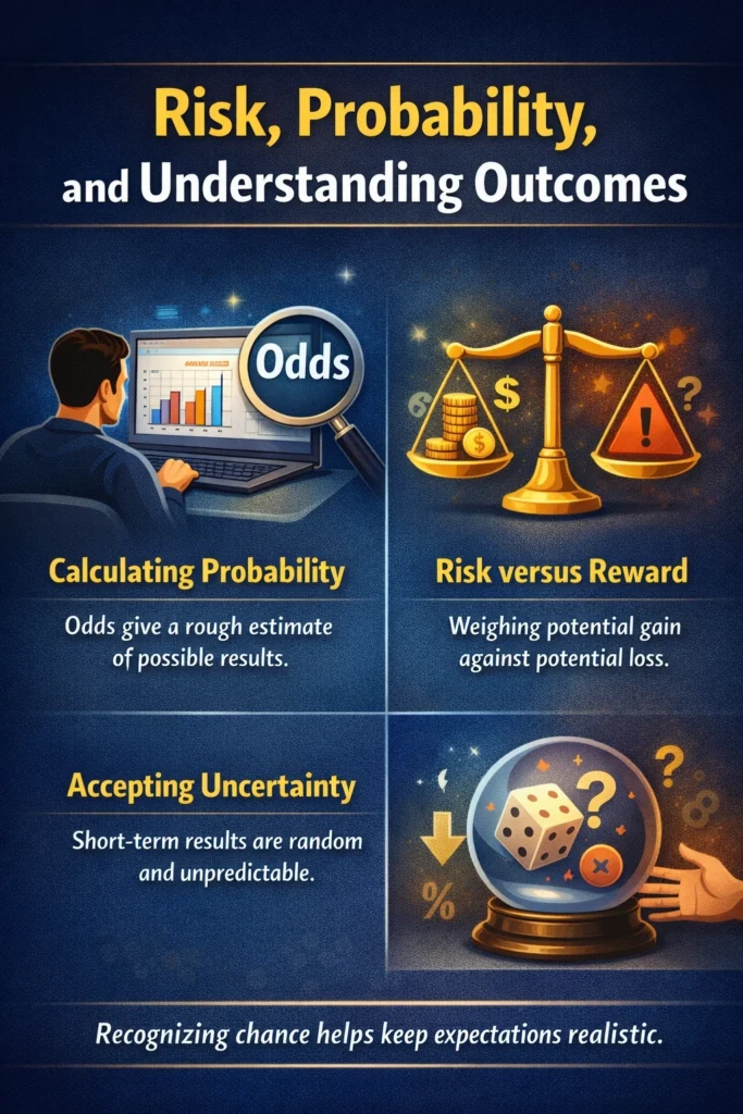 Infographic explaining risk probability and understanding outcomes in betting and decision making