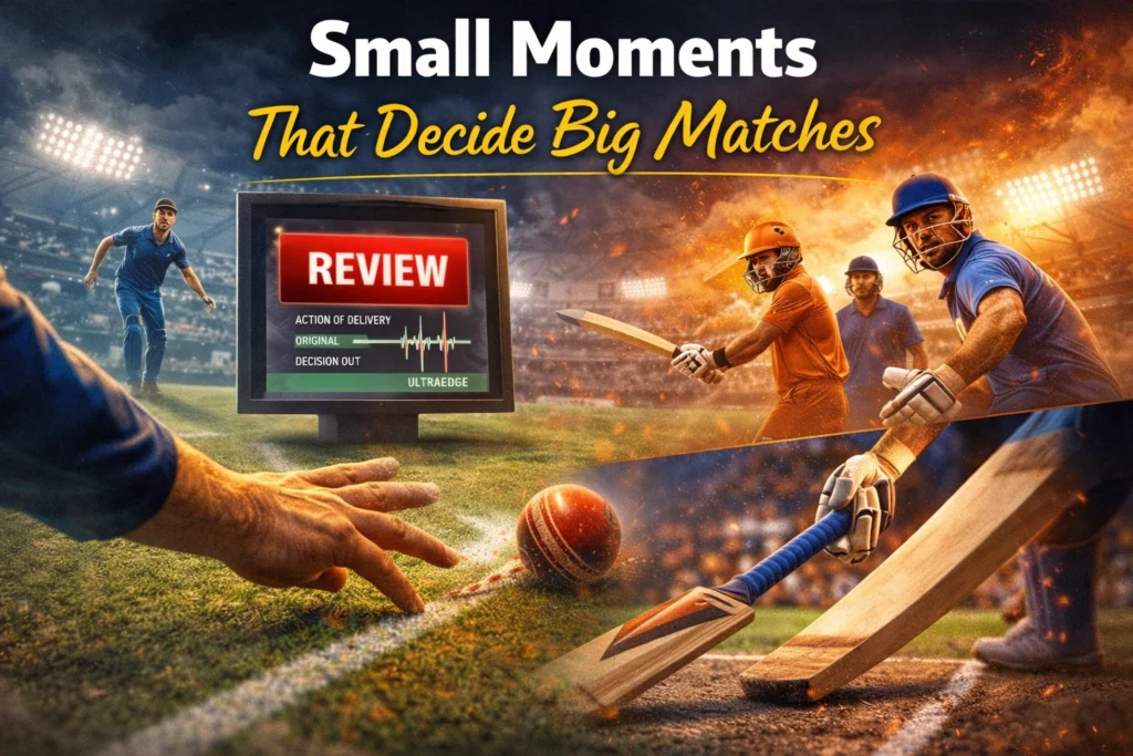 Cricket match moment showing a crucial play deciding the outcome in T20 game