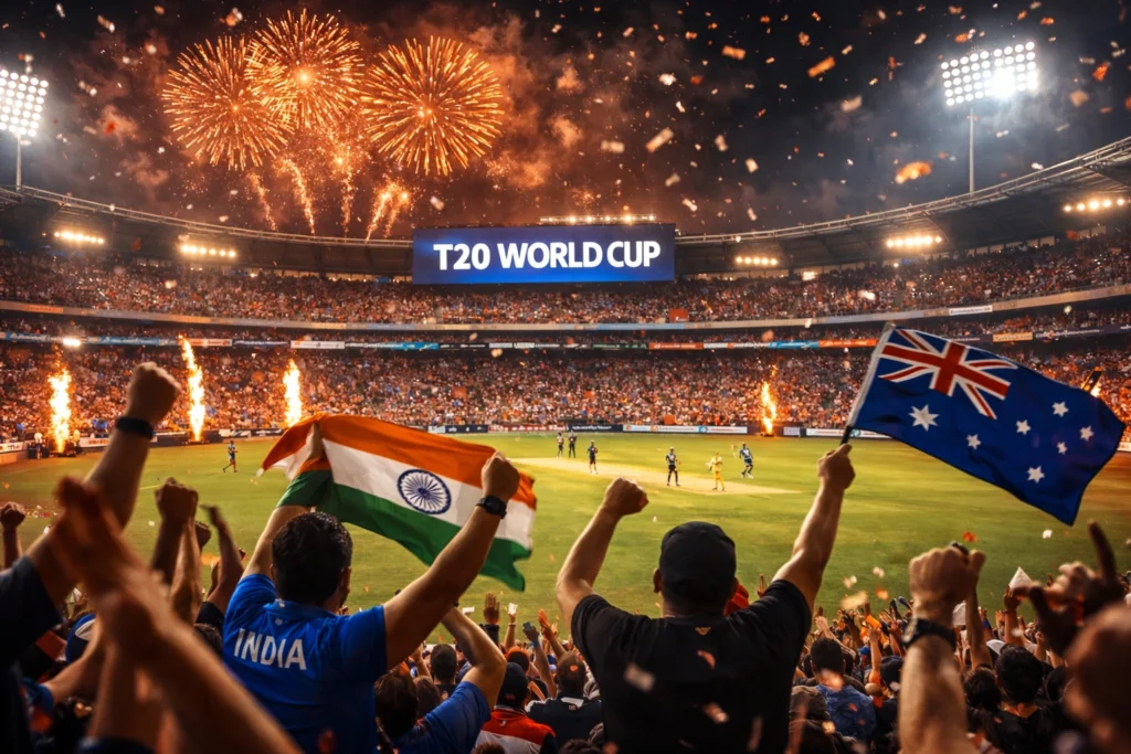 T20 World Cup Live stadium atmosphere with cheering crowd, fireworks, and fans waving flags during night match