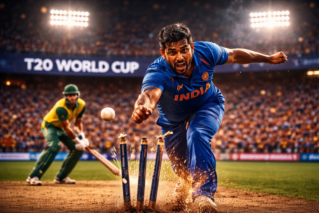 T20 World Cup Live fast bowler taking wicket under stadium floodlights during high pressure match