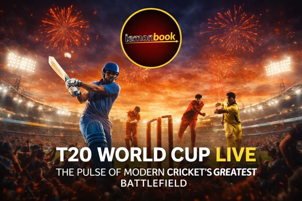 T20 World Cup Live promotional banner with Lemonbook logo and dramatic cricket stadium background