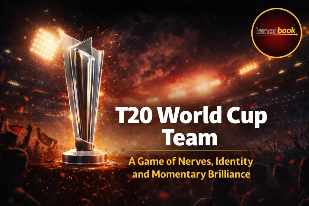T20 World Cup Team graphic with trophy and Lemonbook logo representing nerves identity and momentary brilliance in cricket
