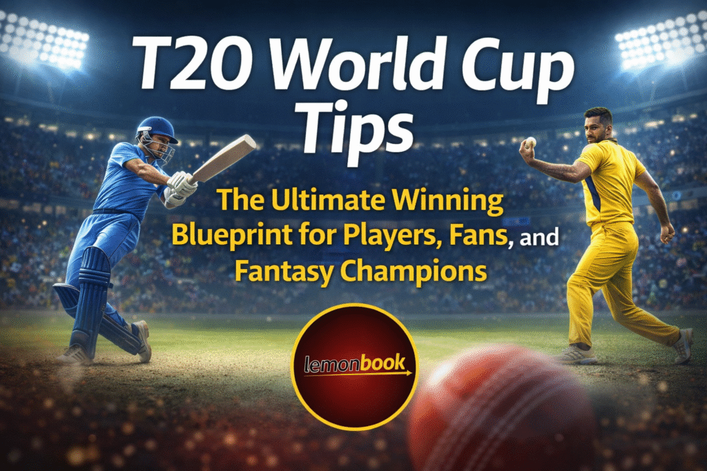 T20 World Cup Tips banner featuring Lemonbook logo with cricket stadium background and players in action
