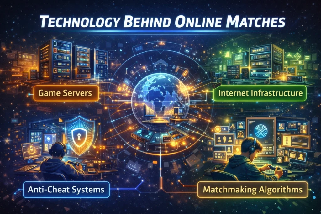 Technology behind online matches infographic showing servers, matchmaking systems, real time communication and cloud gaming