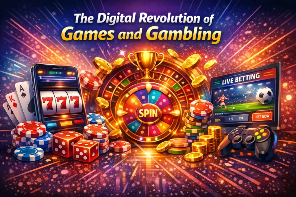 Digital revolution of games and gambling showing online casino, betting interface, and gaming elements in modern technology environment