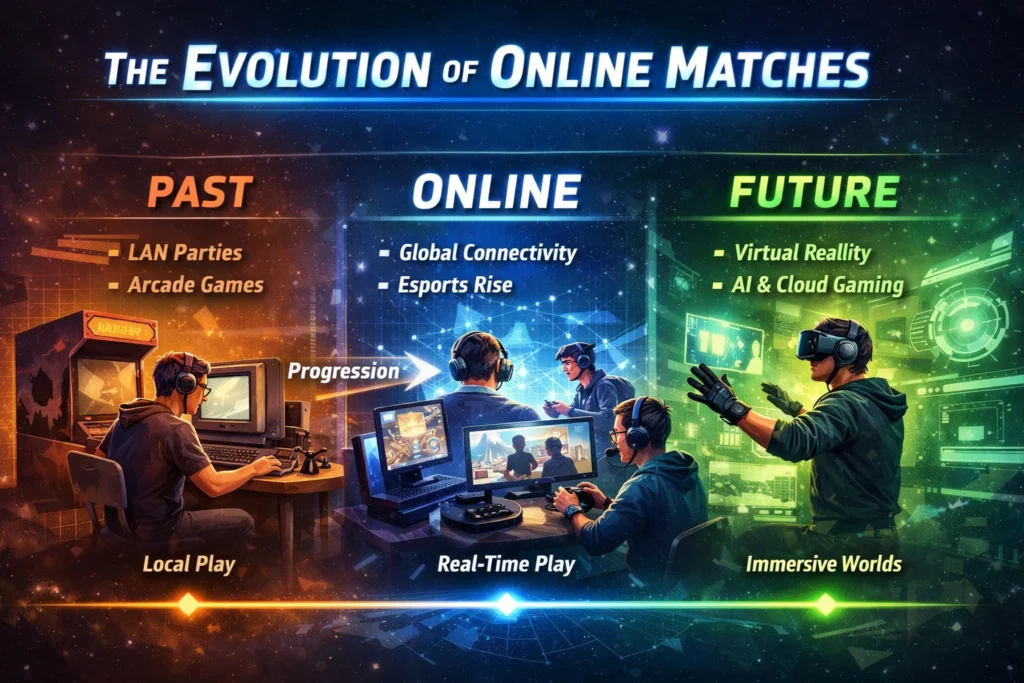 The evolution of online matches infographic showing transition from local LAN gaming to global esports and virtual reality competition