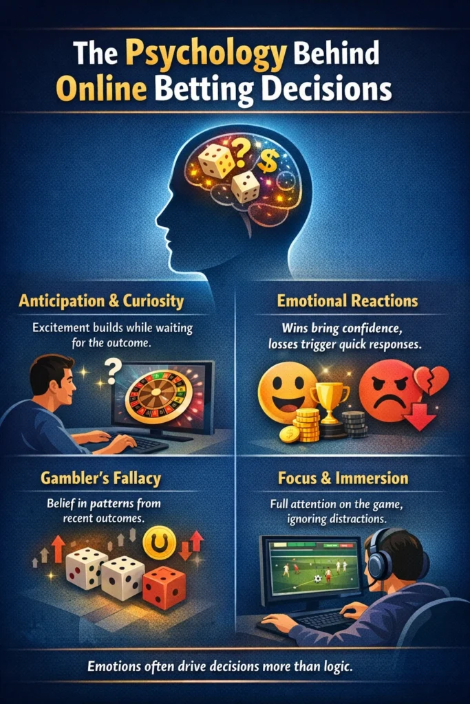 Infographic explaining the psychology behind online betting decisions including anticipation, emotional reactions and gambler fallacy