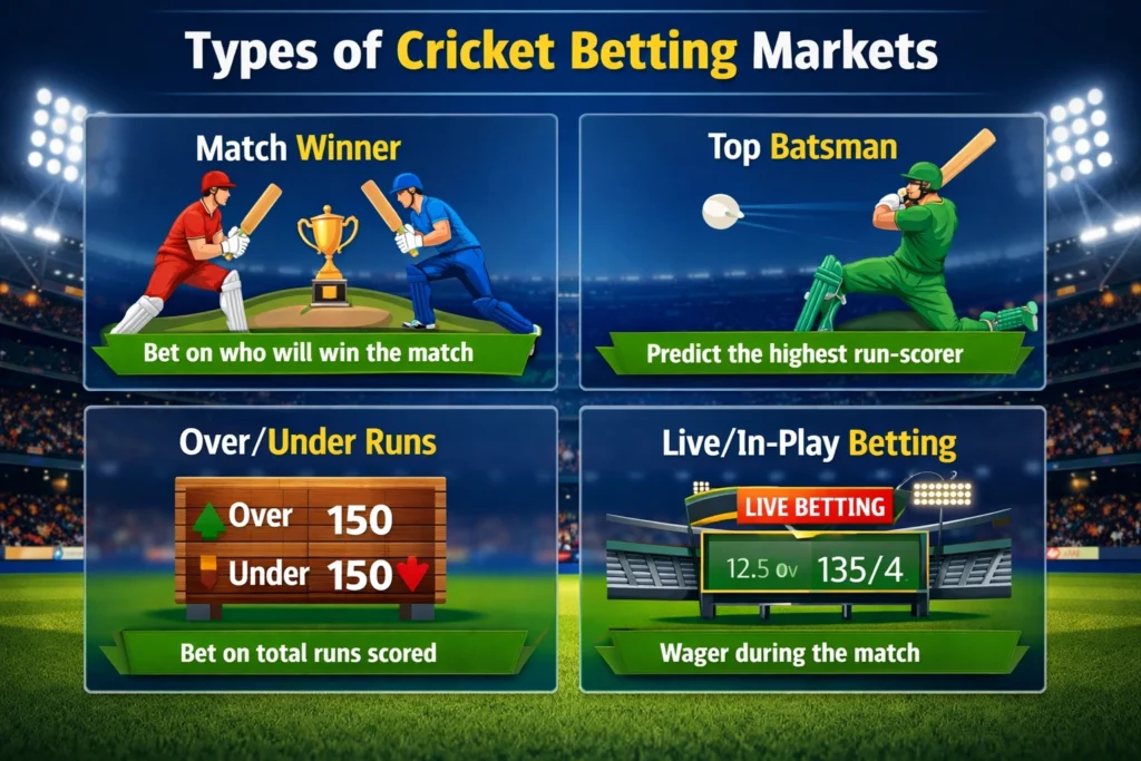 Types of cricket betting markets infographic showing match winner, top batsman, over under runs and live in-play betting options