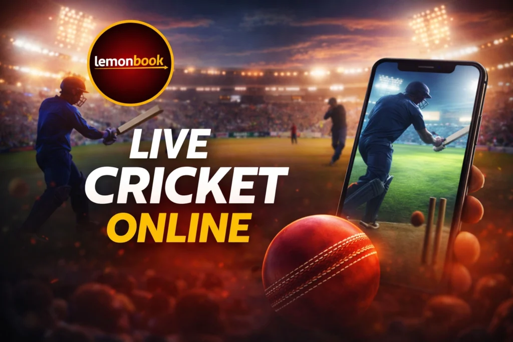 Live cricket online streaming concept with Lemonbook logo and cricket stadium background