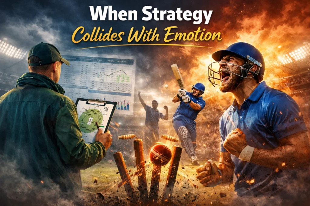 Cricket illustration showing strategy planning versus emotional match moment in T20 game