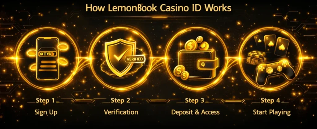 Futuristic gold hologram 4-step process showing registration, OTP verification, deposits, and casino gameplay.