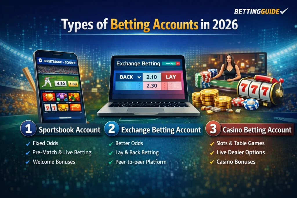 Different types of betting accounts including sportsbook exchange and casino