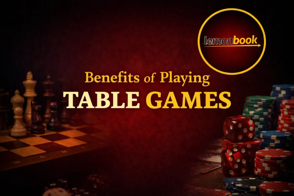 Benefits of playing table games illustration showing chess pieces, cards, dice and Lemonbook logo representing strategy, learning and social interaction.