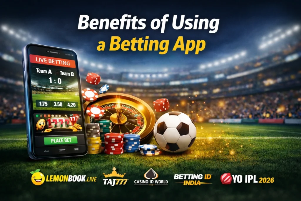 Benefits of using a betting app showing mobile live betting interface with football stadium, casino chips and trusted betting partner logos