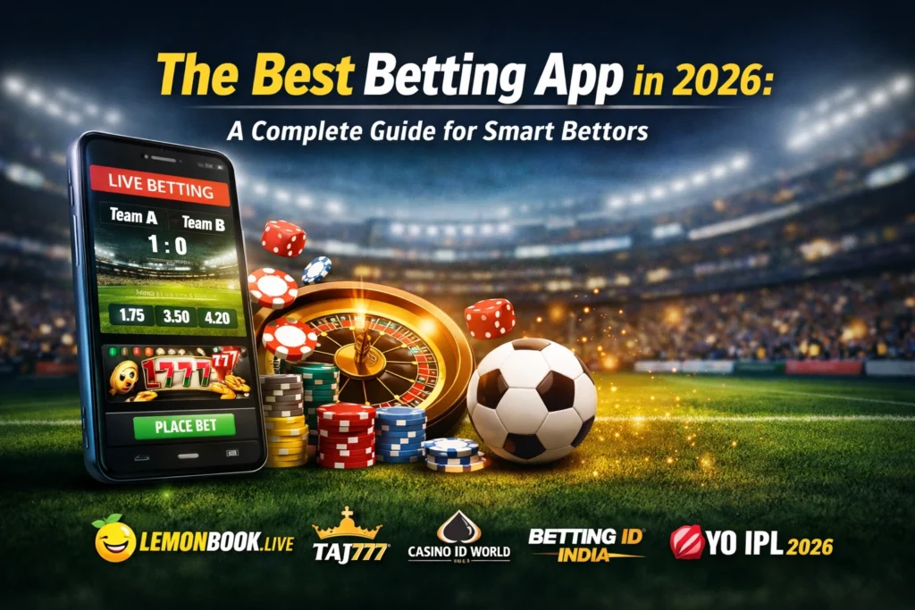 Best betting app 2026 guide showing mobile sports betting, casino chips, football stadium and online betting platform logos