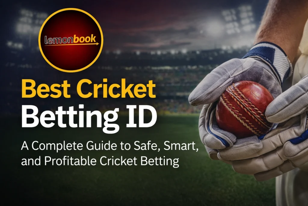 Best Cricket Betting ID guide with Lemonbook logo and cricket ball in stadium background