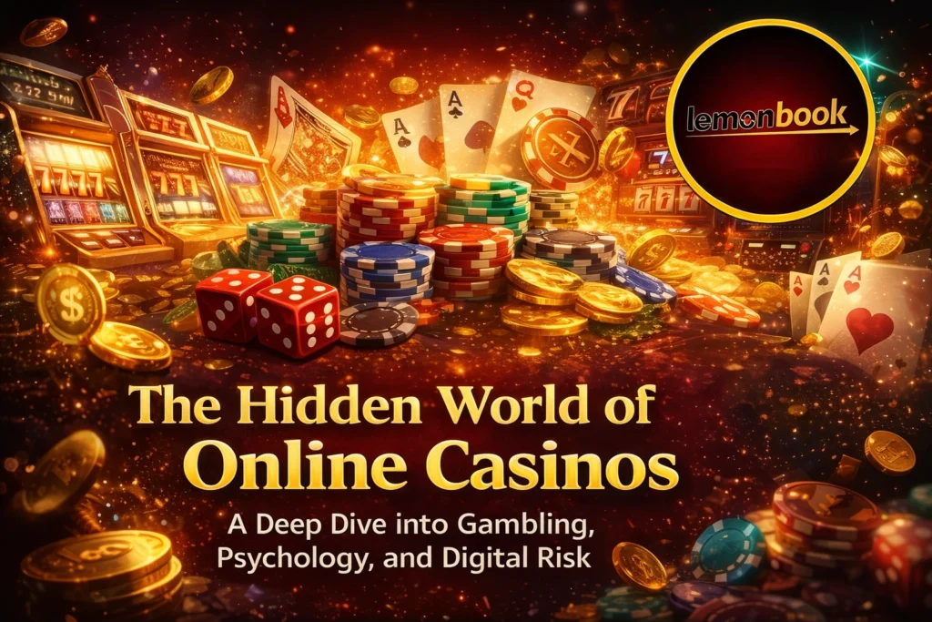 Casino online gambling banner with Lemonbook logo, poker chips, slot machines, and digital casino elements