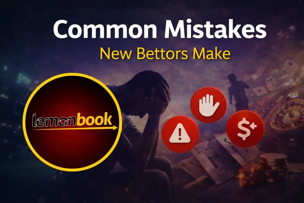 Common mistakes new bettors make banner with Lemonbook logo and sports betting concept