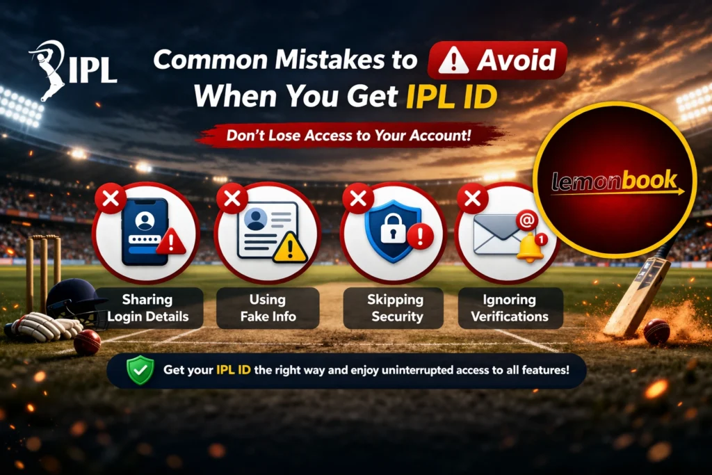 Common mistakes to avoid when you get IPL ID with Lemonbook logo and cricket stadium background