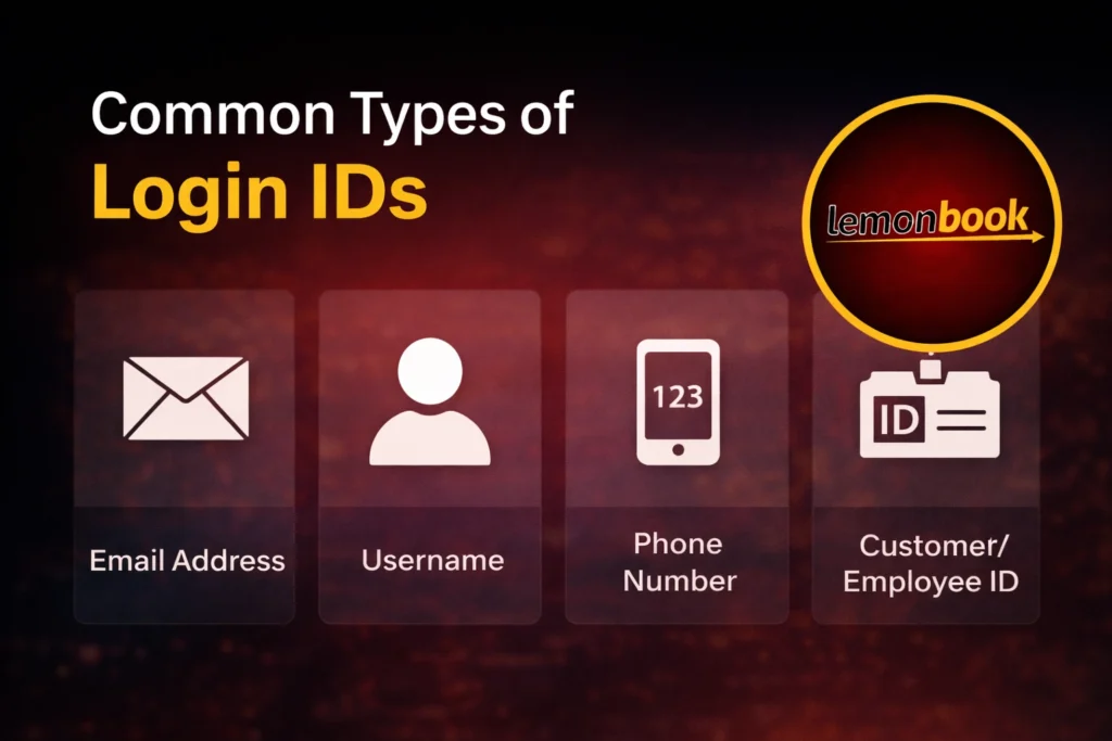 Common types of login IDs including email address, username, phone number and customer or employee ID with Lemonbook logo
