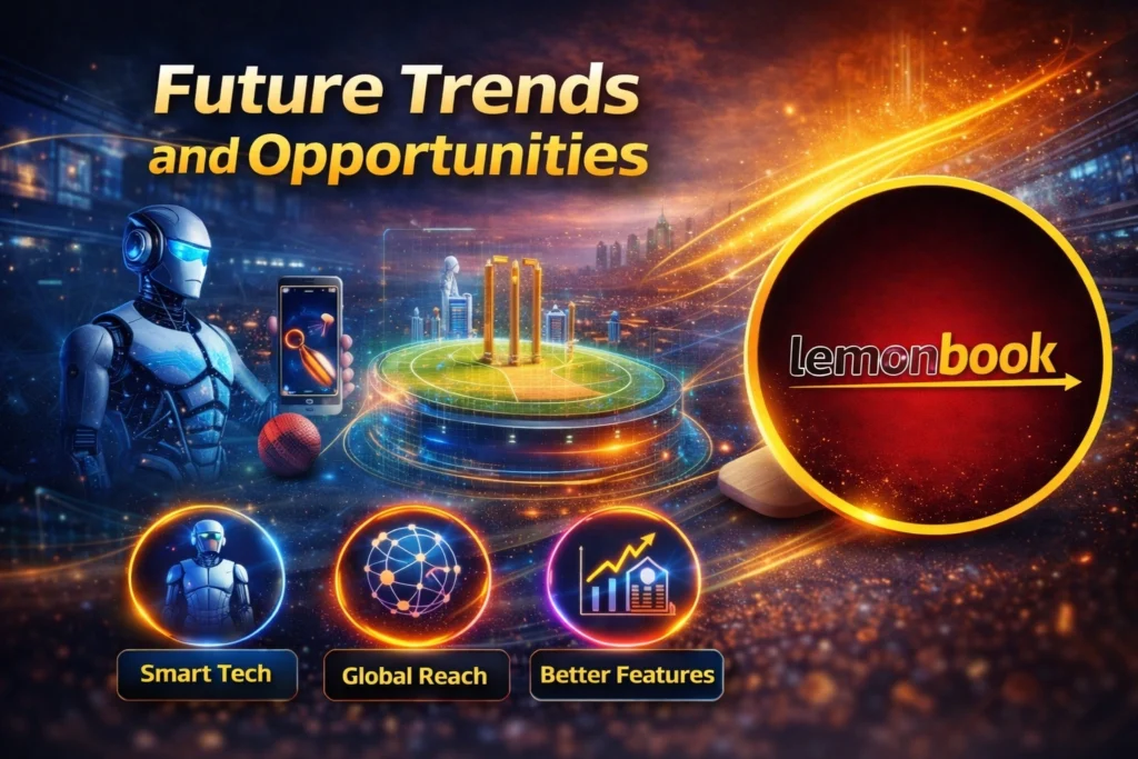 Future trends and opportunities of IPL Cricket ID with Lemonbook logo, digital cricket technology, mobile experience and analytics concept