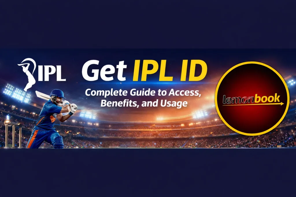 Get IPL ID complete guide banner with Lemonbook logo and cricket player in stadium