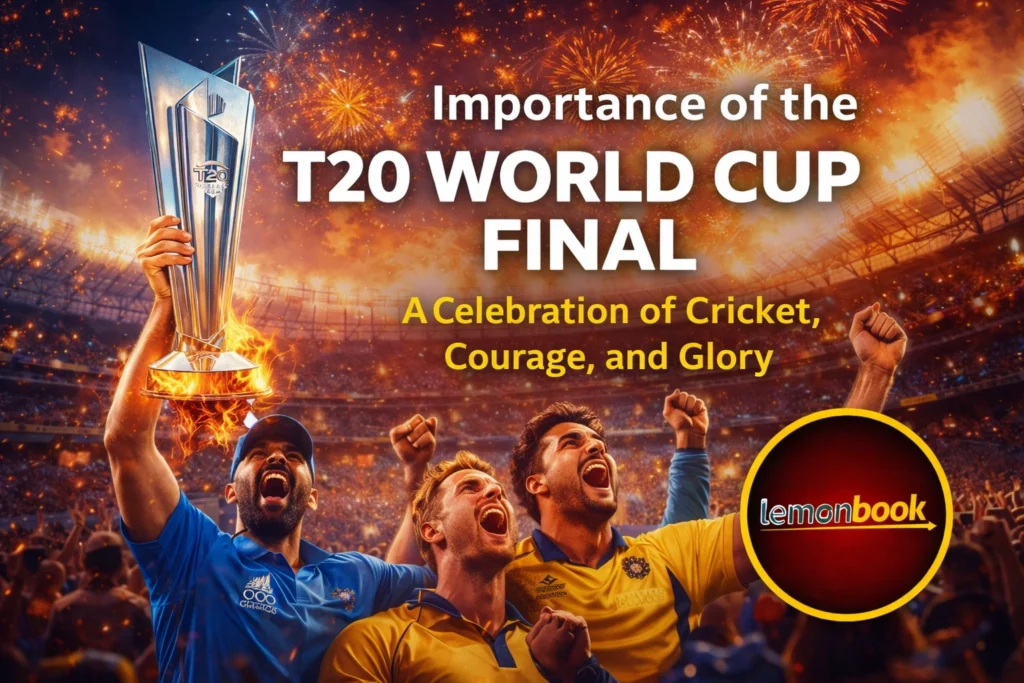 Importance of the T20 World Cup Final cricket championship trophy stadium with Lemonbook logo