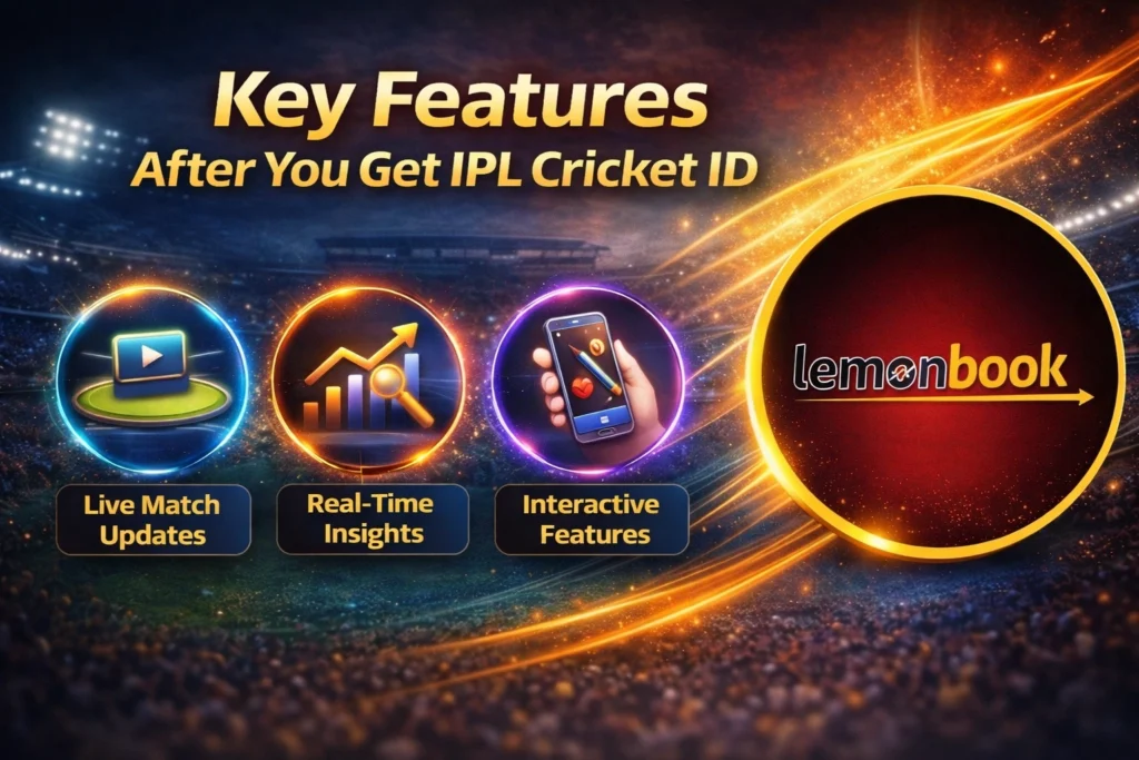Key features after you get IPL Cricket ID with Lemonbook logo, live match updates, stats dashboard and cricket elements