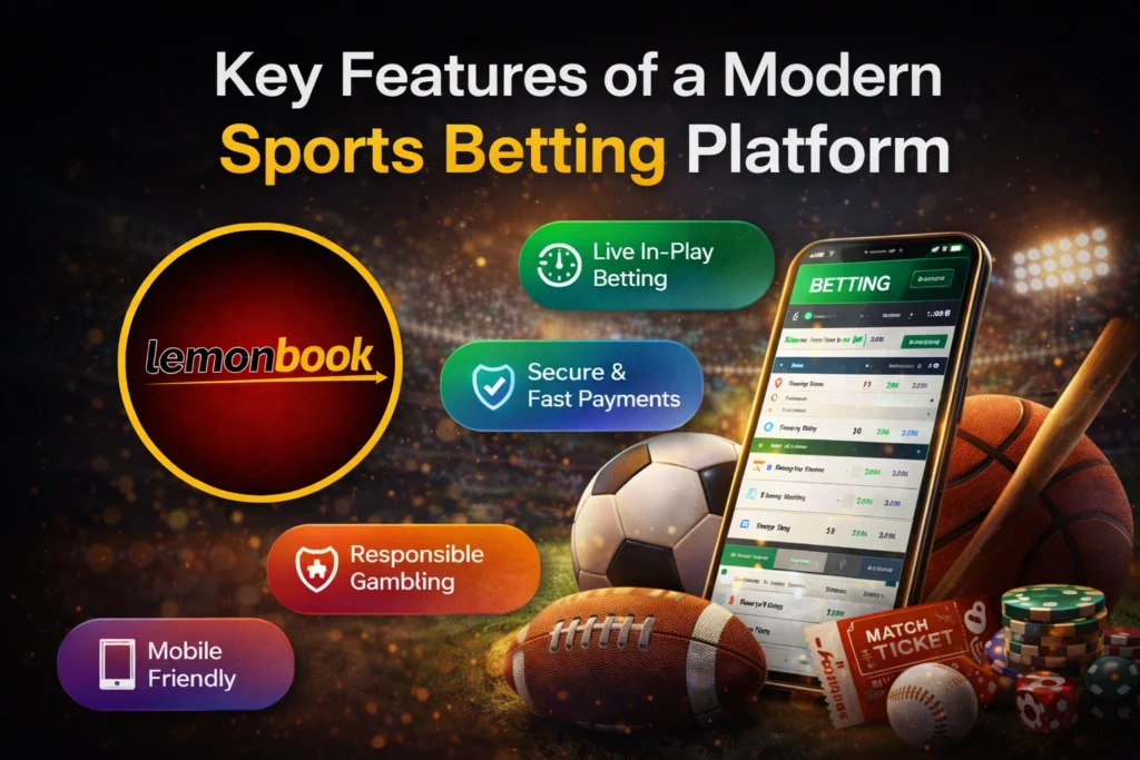 Key features of a modern sports betting platform with Lemonbook logo showing live betting, secure payments, mobile app interface and multiple sports markets.