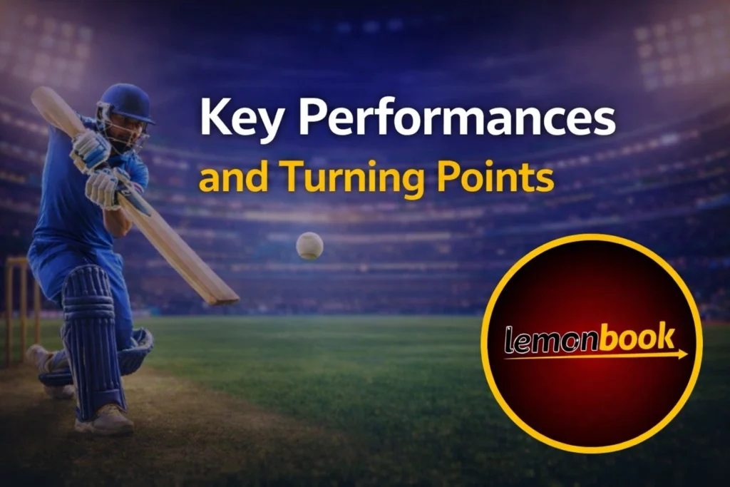 Key performances and turning points in IPL Match ID with cricket action and Lemonbook logo